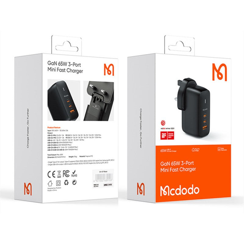 Sandsberg | 65W Handy-Ladegerät mit 2 USB-C- und 1 USB-A-Anschluss, für Handy und Laptop