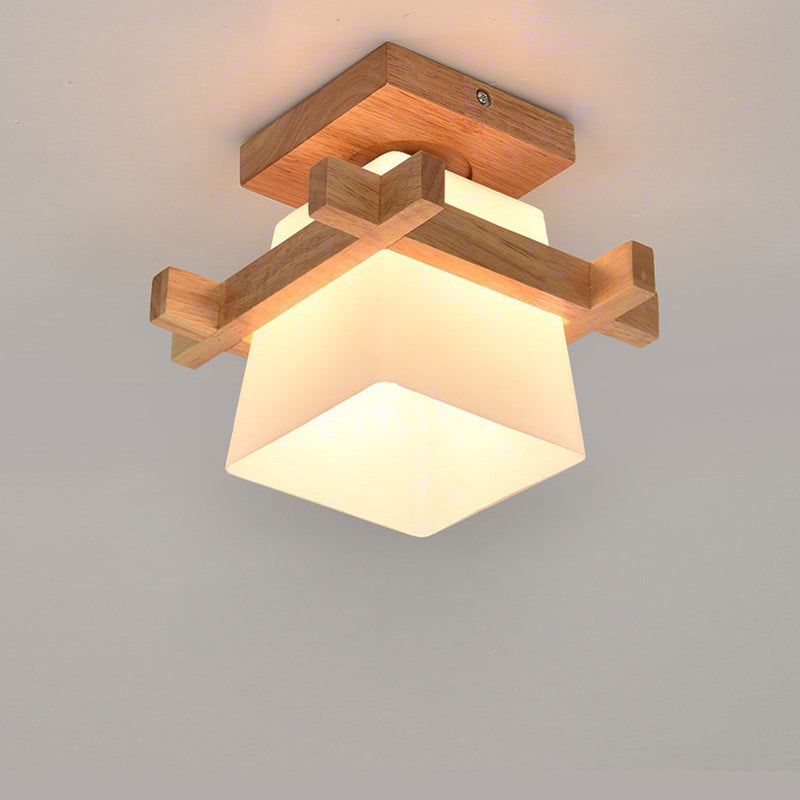Traditionelle Japanische Holzrahmen Glas Säule 1-Licht Semi-Flush Mount Deckenleuchte Für Wohnzimmer