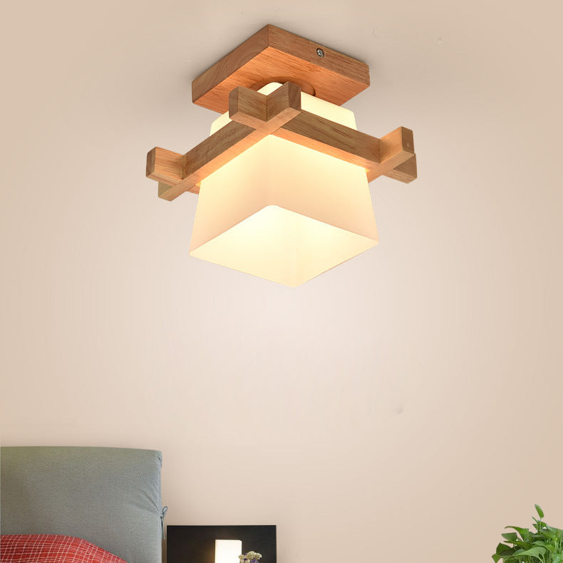 Traditionelle Japanische Holzrahmen Glas Säule 1-Licht Semi-Flush Mount Deckenleuchte Für Wohnzimmer
