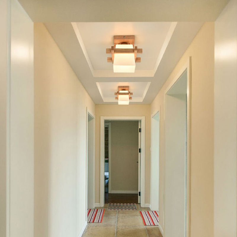 Traditionelle Japanische Holzrahmen Glas Säule 1-Licht Semi-Flush Mount Deckenleuchte Für Wohnzimmer