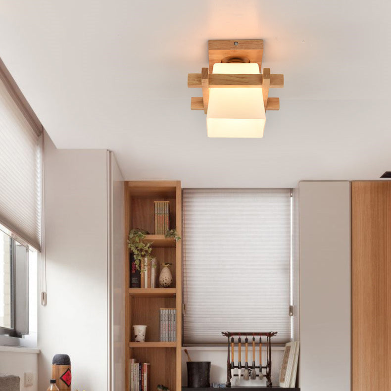 Traditionelle Japanische Holzrahmen Glas Säule 1-Licht Semi-Flush Mount Deckenleuchte Für Wohnzimmer