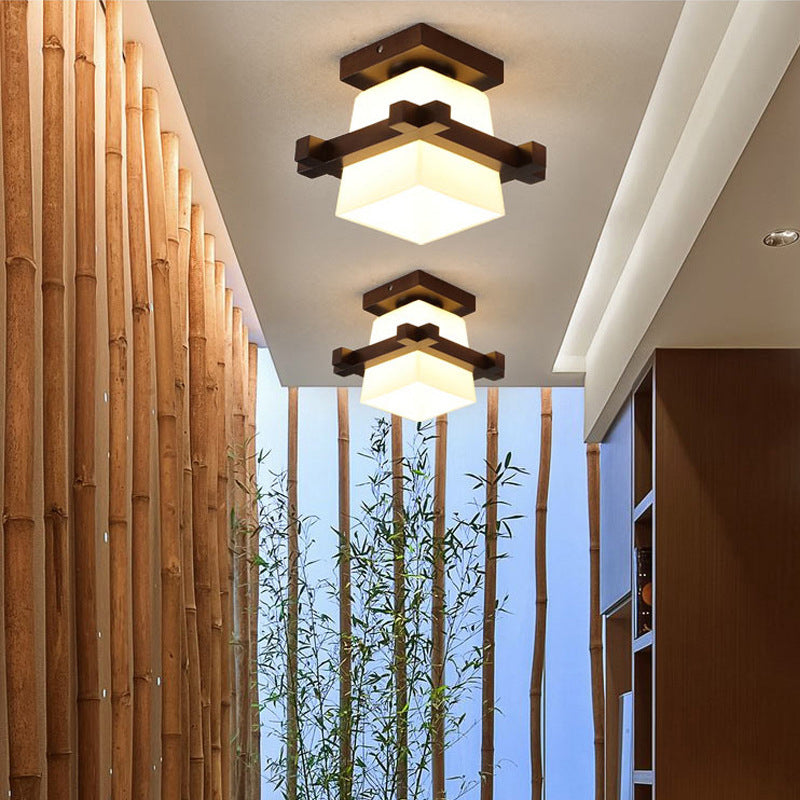 Traditionelle Japanische Holzrahmen Glas Säule 1-Licht Semi-Flush Mount Deckenleuchte Für Wohnzimmer