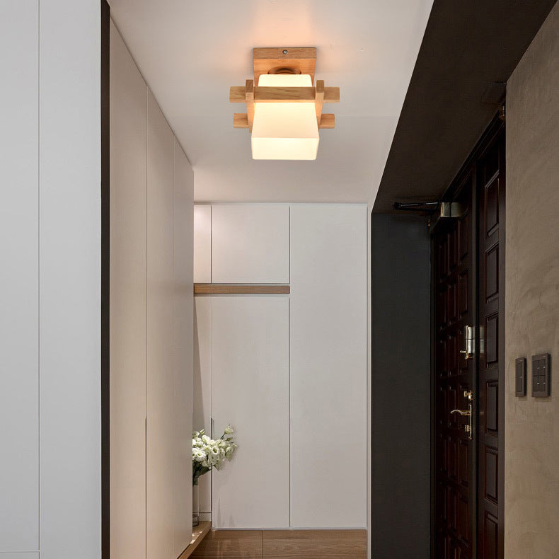 Traditionelle Japanische Holzrahmen Glas Säule 1-Licht Semi-Flush Mount Deckenleuchte Für Wohnzimmer