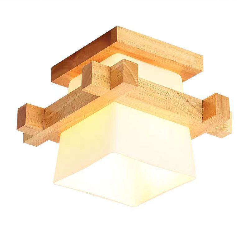 Traditionelle Japanische Holzrahmen Glas Säule 1-Licht Semi-Flush Mount Deckenleuchte Für Wohnzimmer