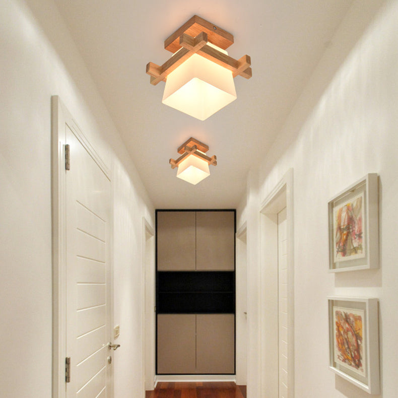 Traditionelle Japanische Holzrahmen Glas Säule 1-Licht Semi-Flush Mount Deckenleuchte Für Wohnzimmer