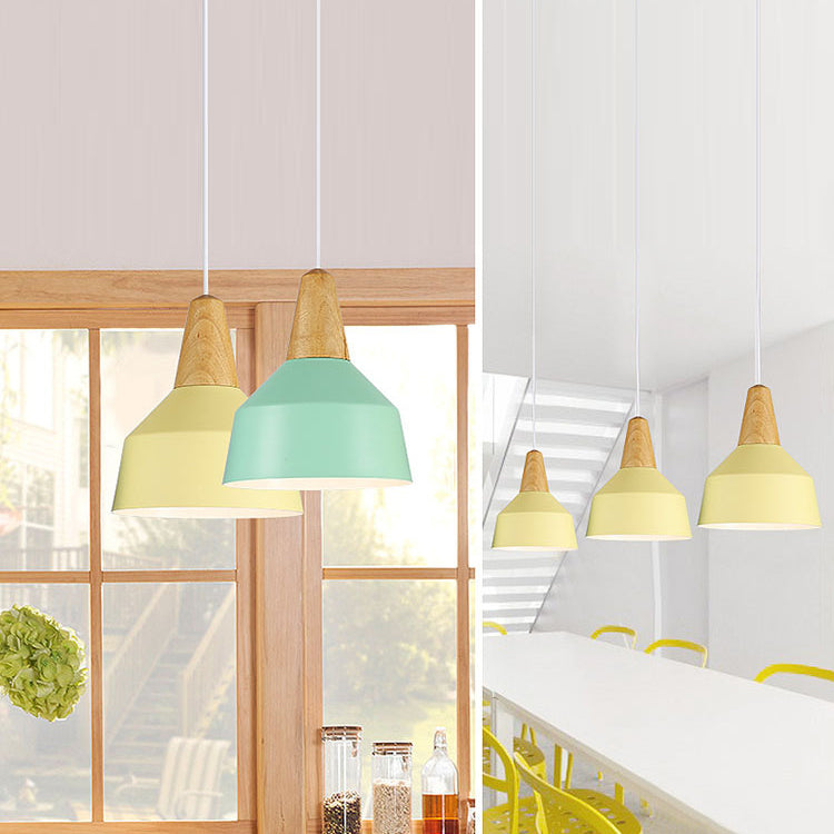 Moderne Minimalistische Runde Kegel Trapez Eisen Holz 1-Licht Pendelleuchte Für Wohnzimmer