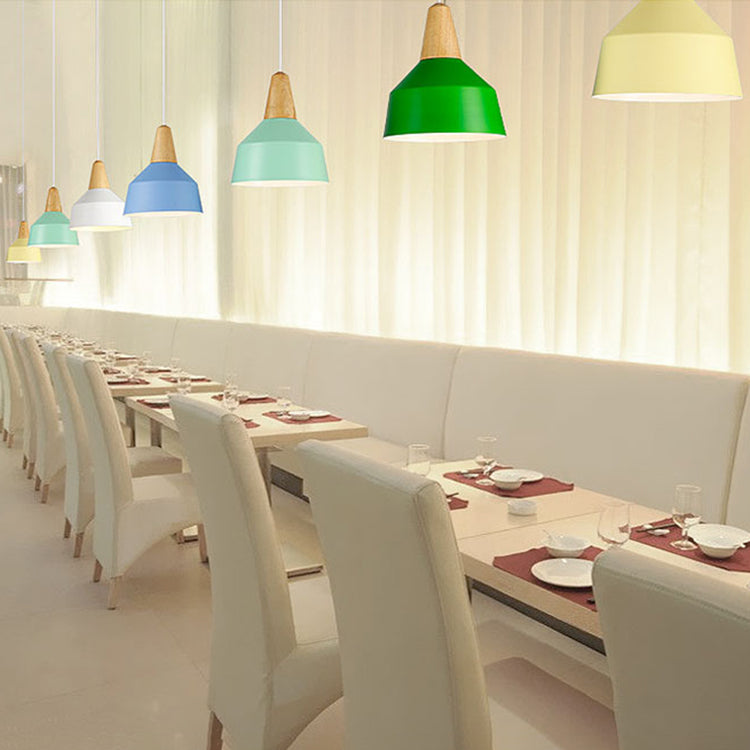 Moderne Minimalistische Runde Kegel Trapez Eisen Holz 1-Licht Pendelleuchte Für Wohnzimmer