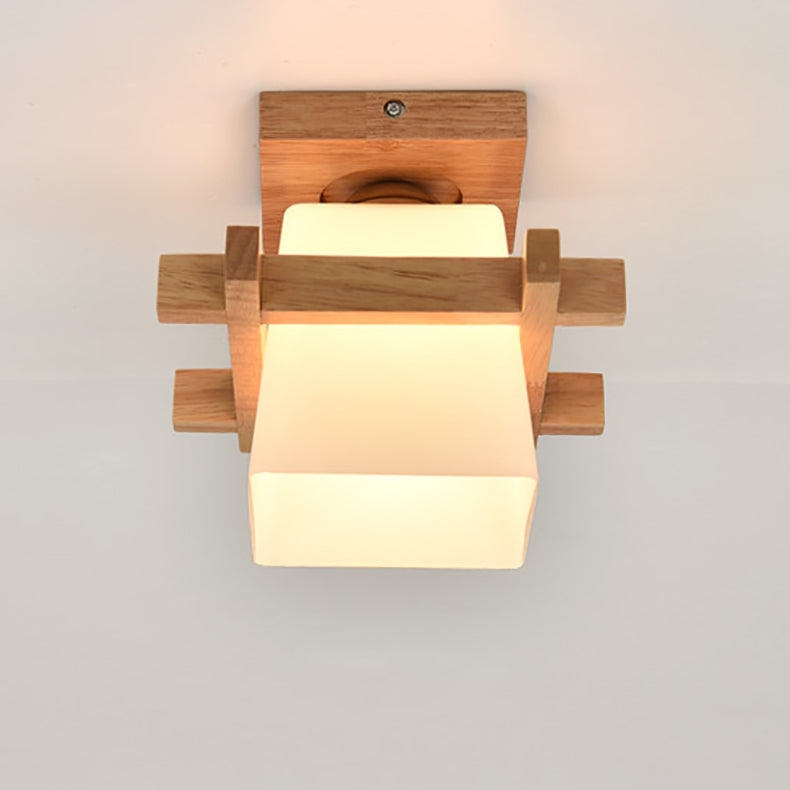 Traditionelle Japanische Holzrahmen Glas Säule 1-Licht Semi-Flush Mount Deckenleuchte Für Wohnzimmer