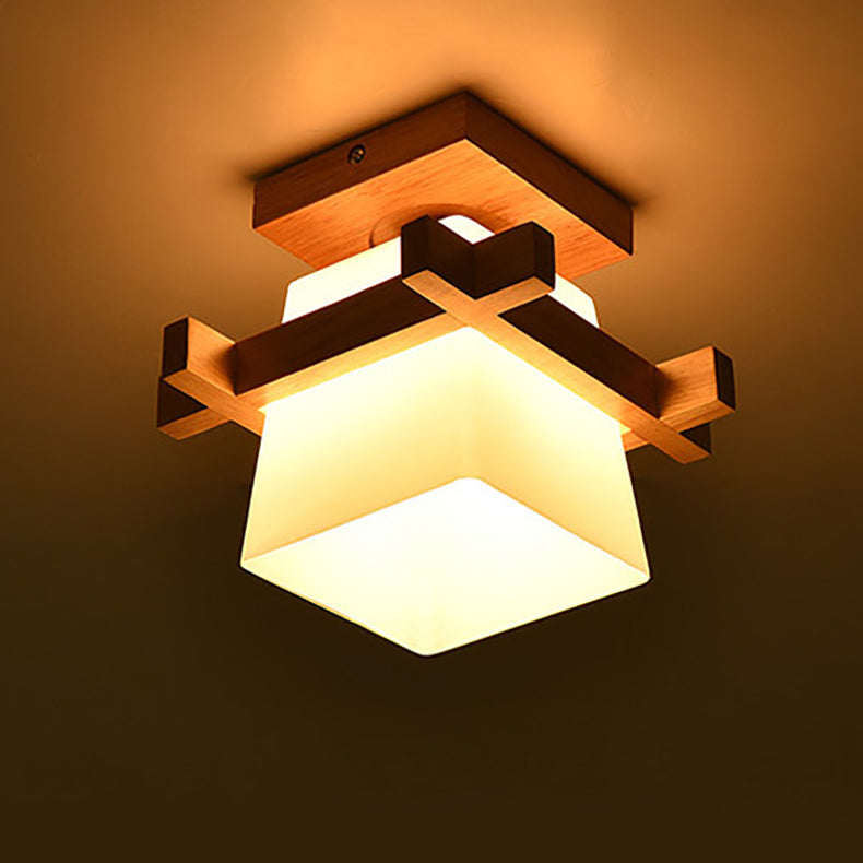 Traditionelle Japanische Holzrahmen Glas Säule 1-Licht Semi-Flush Mount Deckenleuchte Für Wohnzimmer