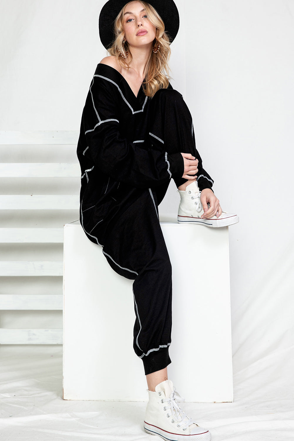 Schwarzer Exponierter Naht Übergroßer Drop Waist Jumpsuit