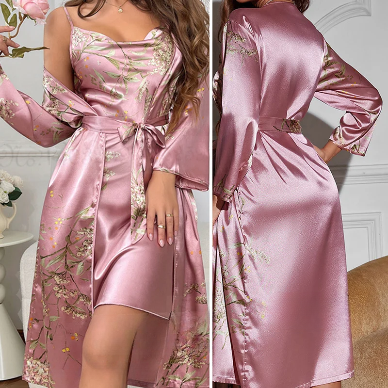 SatinDreams Kimono Set - Elegante Blumen Nachtmode