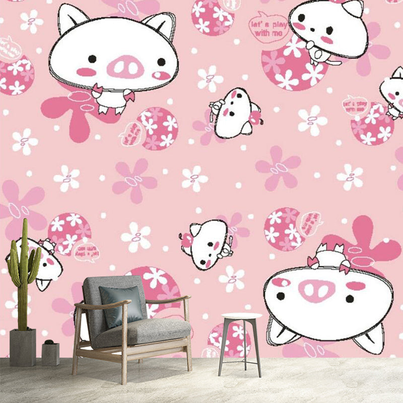 Pink Cat und Pig Wandmalereien Cartoon Kinderkunst Flecken-geschützter Wandbelag für das Babyzimmer