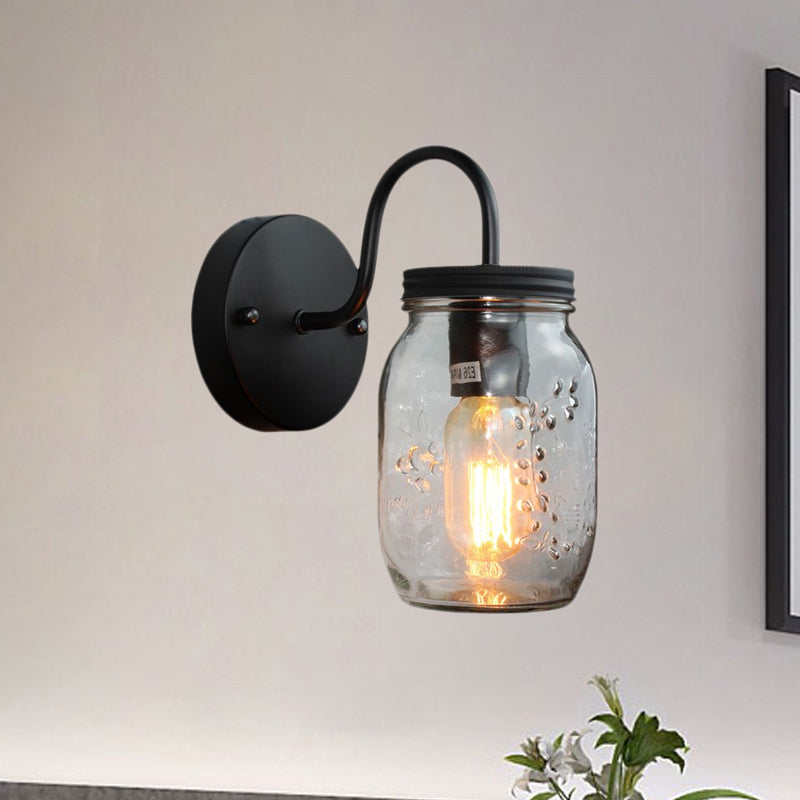 Schwarzer Jar Shade Wandbeleuchtung Industrie Klar Glas 1 Licht Schlafzimmer Wandleuchte mit Blumenstruktur
