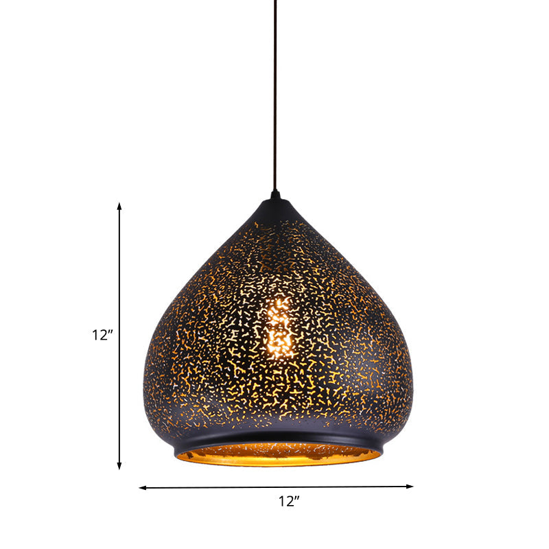 Tropfenförmige ausgehöhlte Eisenhängelampe Retro 1 Glühbirne Esszimmertisch Pendelleuchte in Schwarz, 8"/12" Breite