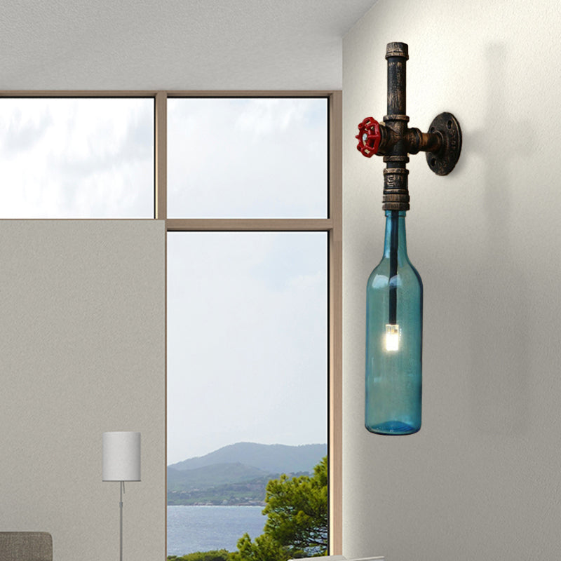 Glas Weinflasche Wandbeleuchtung Rustikal Industrie 1 Licht Restaurant Blau/Klar Wand sconces Licht mit rohem Ventil