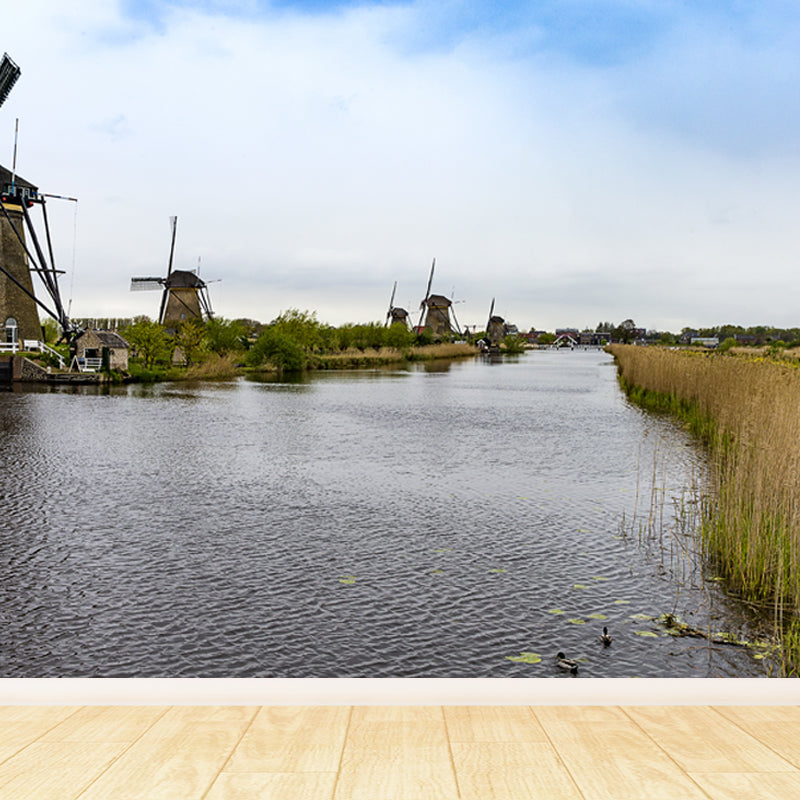 Sandsberg | Volledige Maat Fotografie Moderne Muurschildering Behang met Lente Windmolen Landschap in Blauw