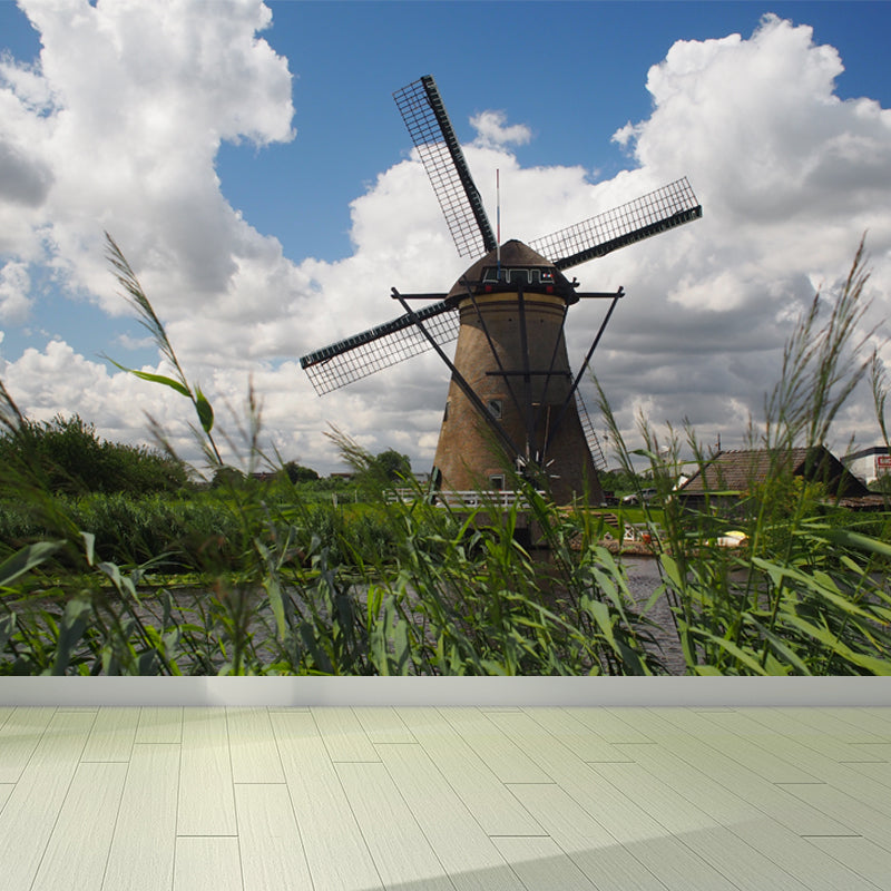 Sandsberg | Volledige Maat Fotografie Moderne Muurschildering Behang met Lente Windmolen Landschap in Blauw