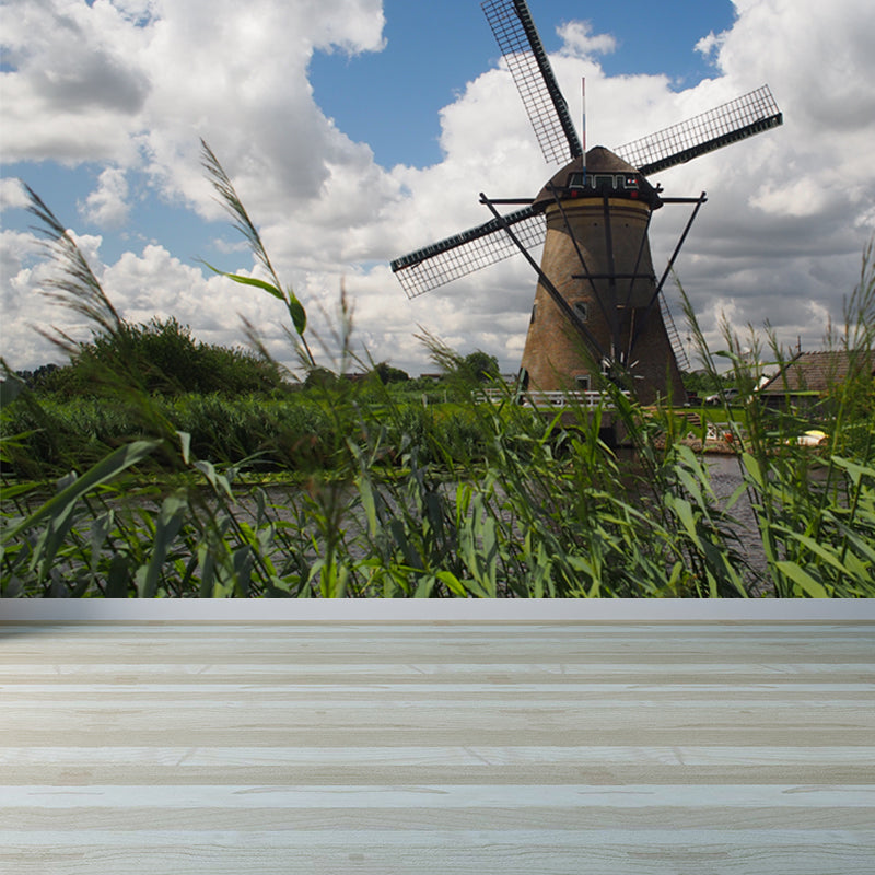 Sandsberg | Volledige Maat Fotografie Moderne Muurschildering Behang met Lente Windmolen Landschap in Blauw