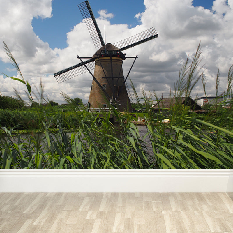 Sandsberg | Volledige Maat Fotografie Moderne Muurschildering Behang met Lente Windmolen Landschap in Blauw