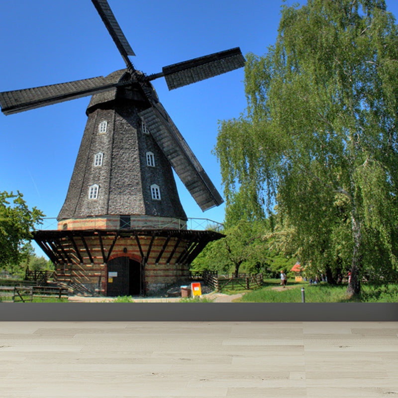 Sandsberg | Volledige Maat Fotografie Moderne Muurschildering Behang met Lente Windmolen Landschap in Blauw
