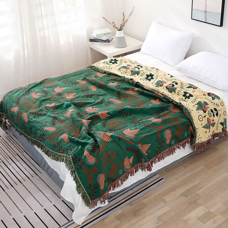 Boho Atmungsaktive Wendedecke mit Blumen und Vögeln