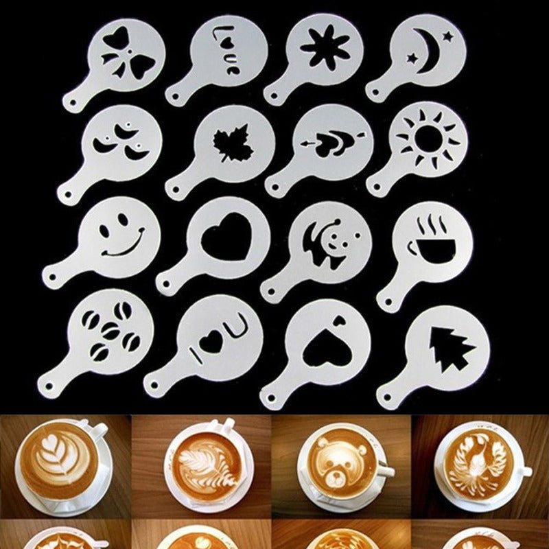 16PCS Kunststoff Cafe Schaum Vorlage Barista Schablonen Form Kaffee Kunst