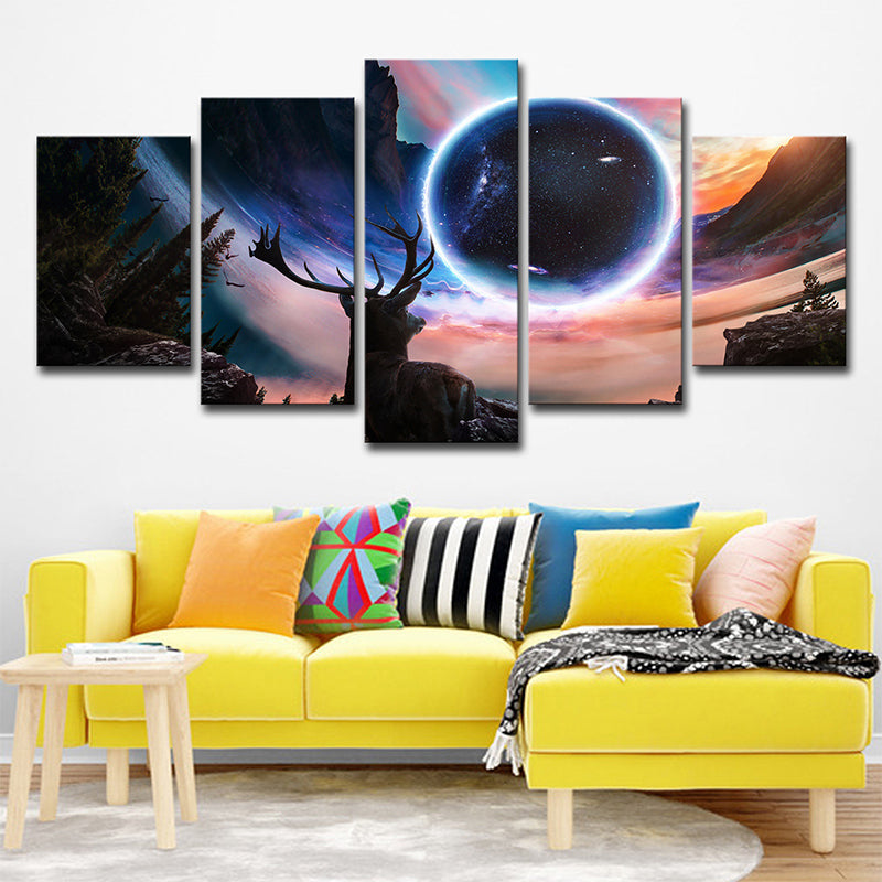 Schwarzer Mond Nacht Hirsch Leinwand Kunst Mehrteilig Zeitgenössisches Wohnzimmer Wanddeko