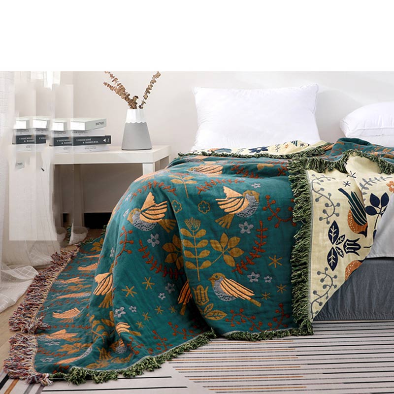 Boho Atmungsaktive Wendedecke mit Blumen und Vögeln