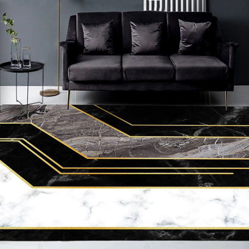 Schwarzer Salon Teppich Modernismus Marmoroberflächenmuster Teppich Polyester Maschinenwaschbar Rutschfeste Unterlage Teppich