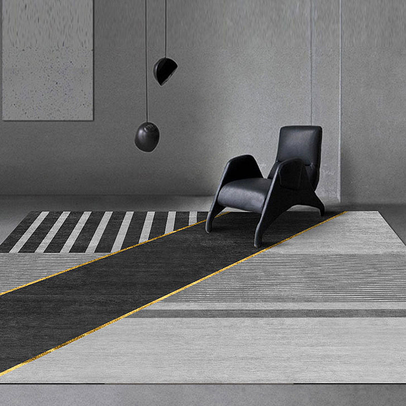 Schwarzer geometrischer Musterteppich mit Streifen, moderner Bereichsteppich aus Polyester, waschbar, rutschfeste Rückseite Teppich für das Studium
