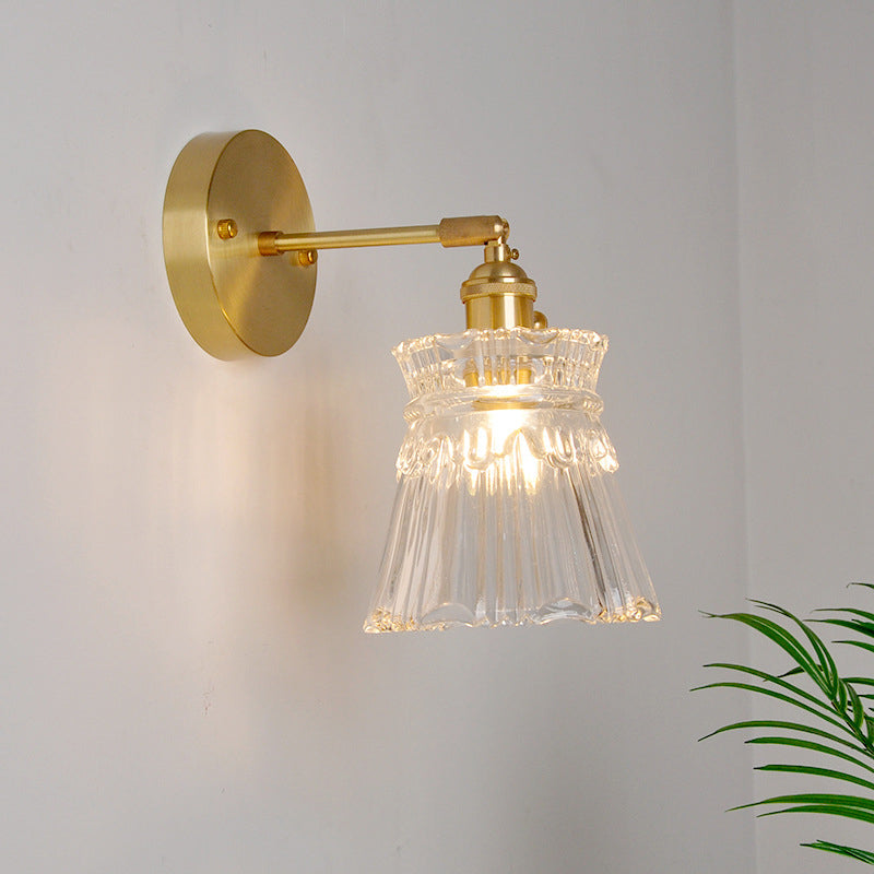 Eisen Messing-Finish Wandleselampe Schwenkarm 1-Licht Industrielle Wandmontierte Lampe mit Blüte/Schale Klarglas-Schirm