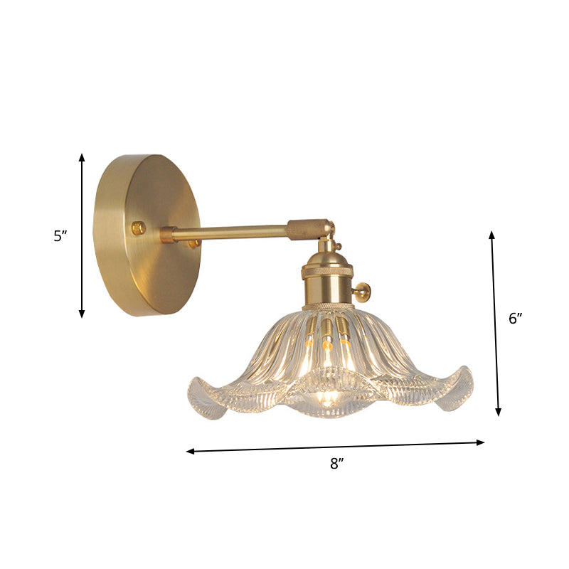 Eisen Messing-Finish Wandleselampe Schwenkarm 1-Licht Industrielle Wandmontierte Lampe mit Blüte/Schale Klarglas-Schirm