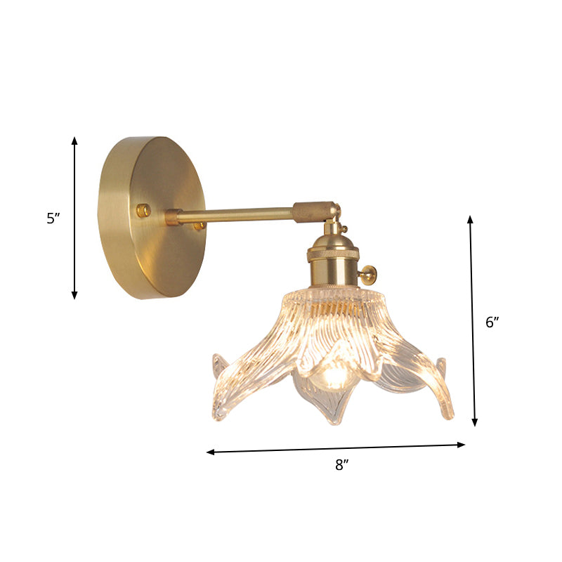 Eisen Messing-Finish Wandleselampe Schwenkarm 1-Licht Industrielle Wandmontierte Lampe mit Blüte/Schale Klarglas-Schirm