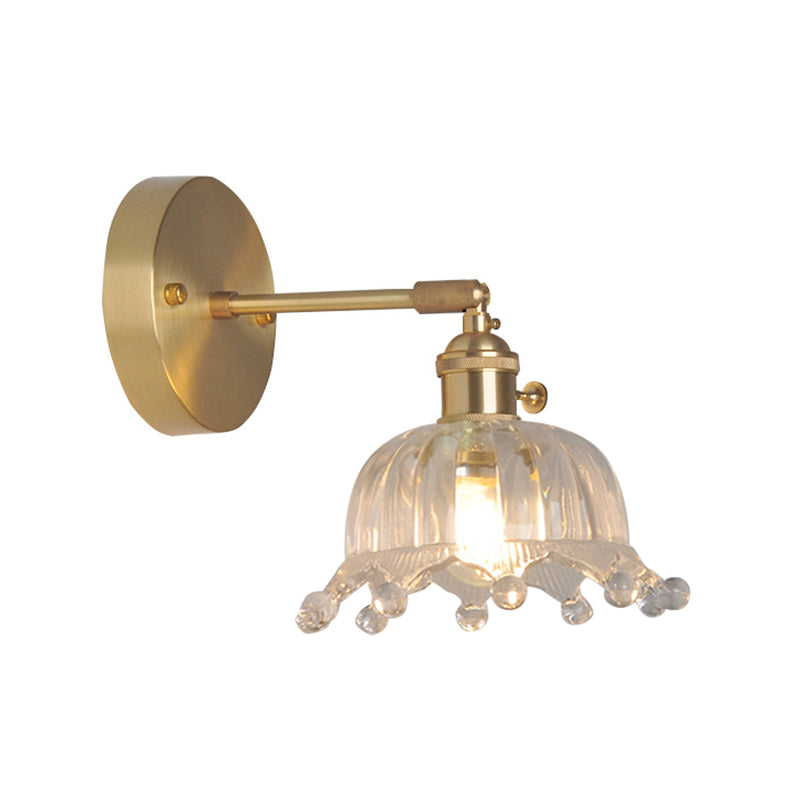 Eisen Messing-Finish Wandleselampe Schwenkarm 1-Licht Industrielle Wandmontierte Lampe mit Blüte/Schale Klarglas-Schirm