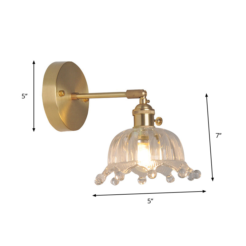 Eisen Messing-Finish Wandleselampe Schwenkarm 1-Licht Industrielle Wandmontierte Lampe mit Blüte/Schale Klarglas-Schirm
