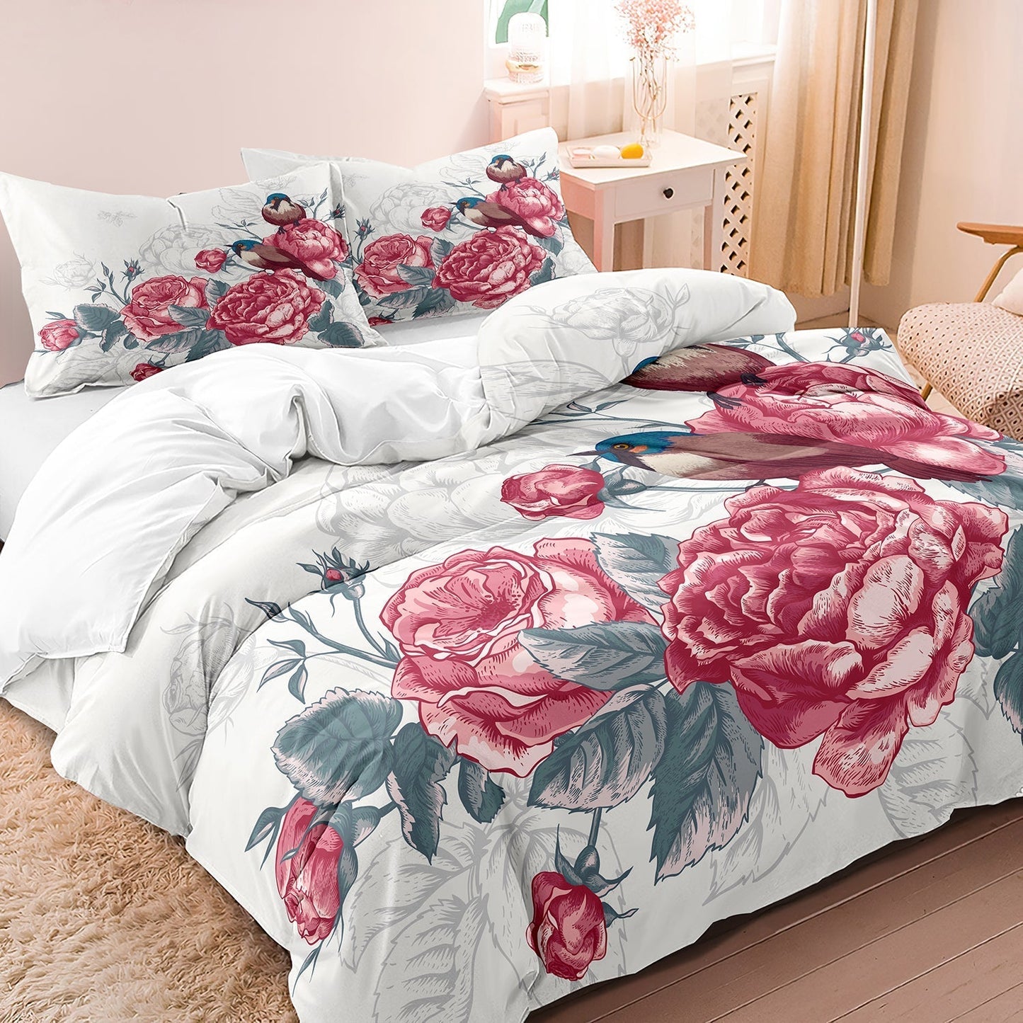 Layers - Blumen Vogel Weiche Daunen Bettbezug Bettwäsche Set