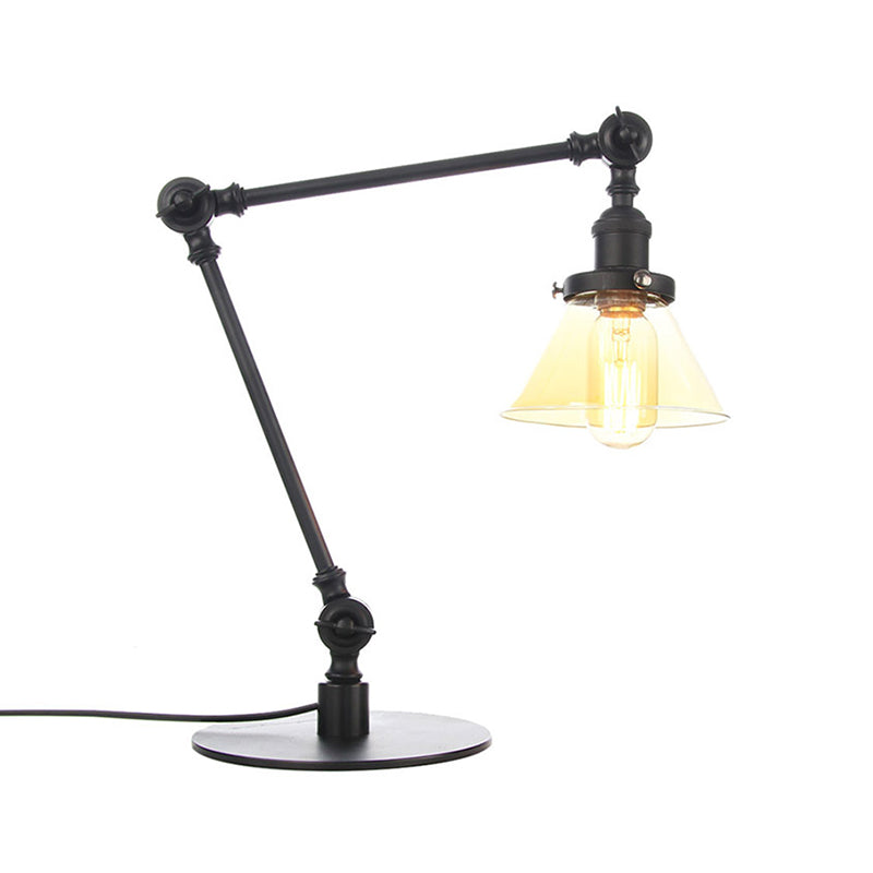 Industrieller Stil konische Tischlampe Amber/Klares Glas und Metall 1 Licht Schlafzimmer Tischlampe mit verstellbarem Arm in Schwarz/Messing