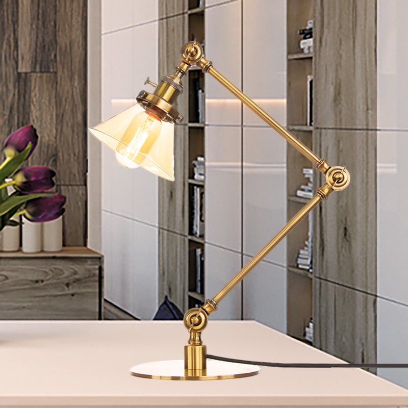 Industrieller Stil konische Tischlampe Amber/Klares Glas und Metall 1 Licht Schlafzimmer Tischlampe mit verstellbarem Arm in Schwarz/Messing