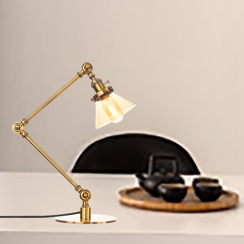 Industrieller Stil konische Tischlampe Amber/Klares Glas und Metall 1 Licht Schlafzimmer Tischlampe mit verstellbarem Arm in Schwarz/Messing