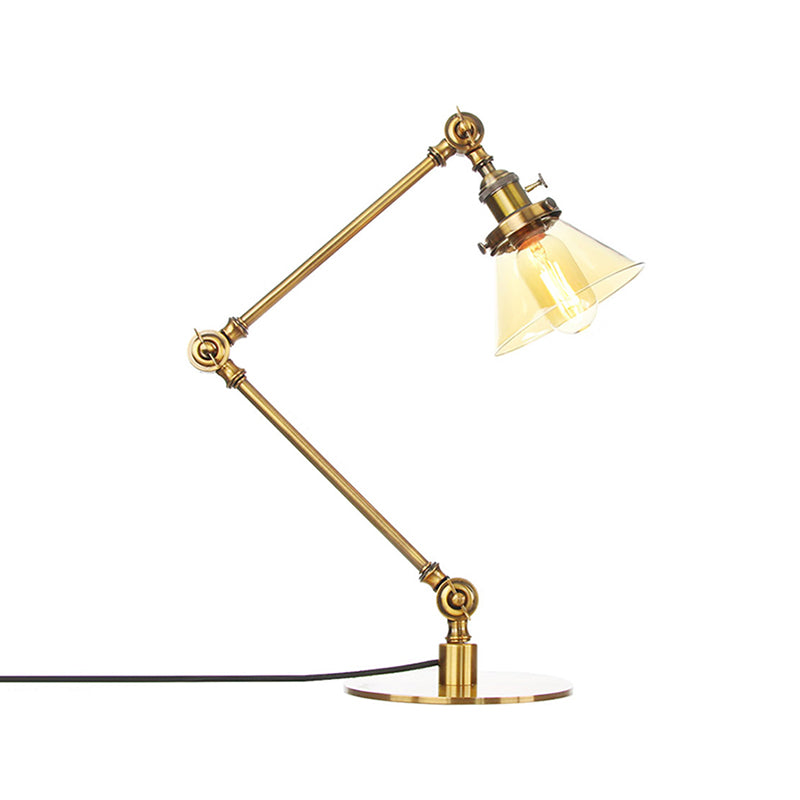 Industrieller Stil konische Tischlampe Amber/Klares Glas und Metall 1 Licht Schlafzimmer Tischlampe mit verstellbarem Arm in Schwarz/Messing
