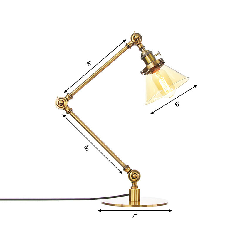 Industrieller Stil konische Tischlampe Amber/Klares Glas und Metall 1 Licht Schlafzimmer Tischlampe mit verstellbarem Arm in Schwarz/Messing