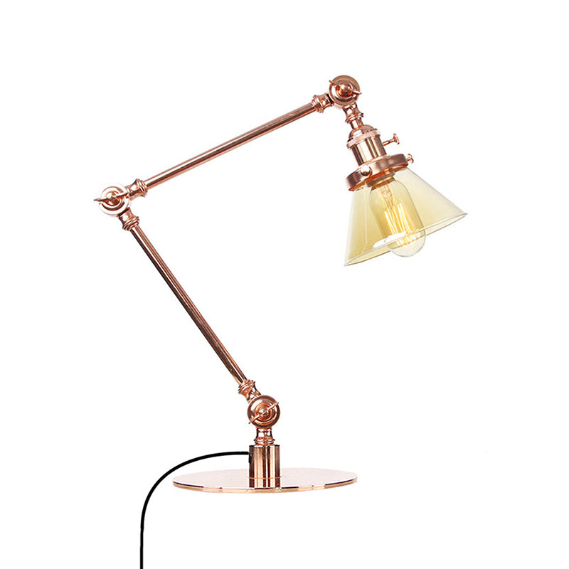 Industrieller Stil konische Tischlampe Amber/Klares Glas und Metall 1 Licht Schlafzimmer Tischlampe mit verstellbarem Arm in Schwarz/Messing