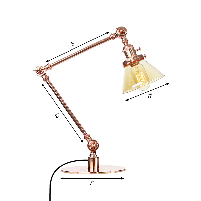 Industrieller Stil konische Tischlampe Amber/Klares Glas und Metall 1 Licht Schlafzimmer Tischlampe mit verstellbarem Arm in Schwarz/Messing
