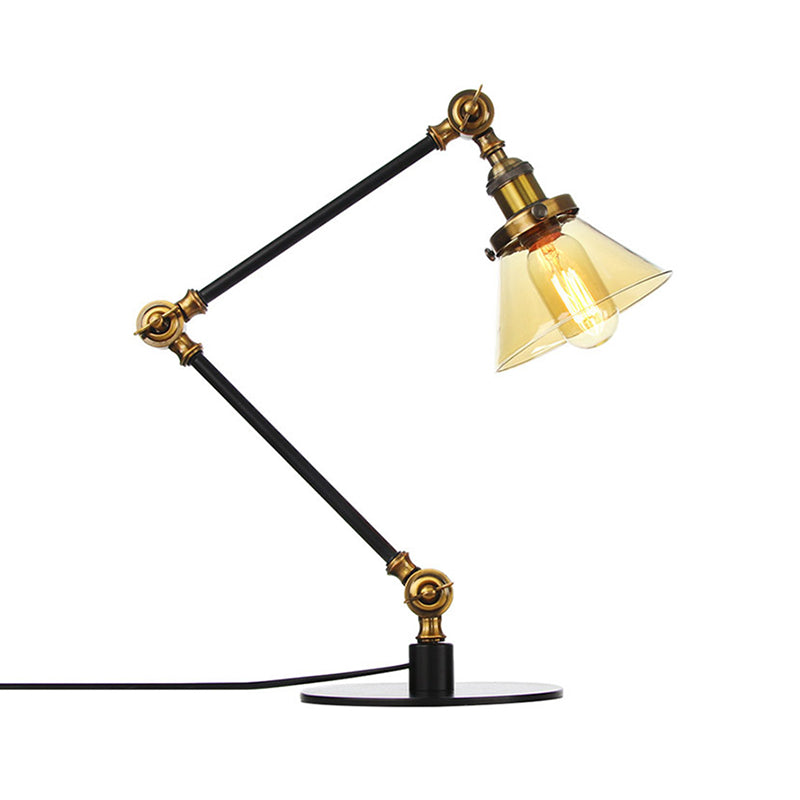 Industrieller Stil konische Tischlampe Amber/Klares Glas und Metall 1 Licht Schlafzimmer Tischlampe mit verstellbarem Arm in Schwarz/Messing