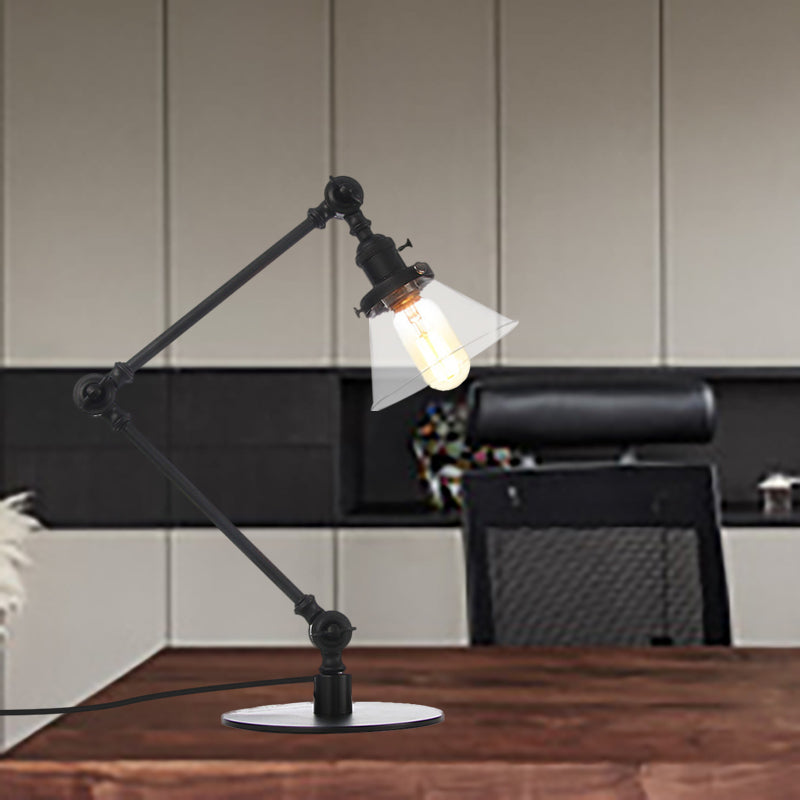 Industrieller Stil konische Tischlampe Amber/Klares Glas und Metall 1 Licht Schlafzimmer Tischlampe mit verstellbarem Arm in Schwarz/Messing