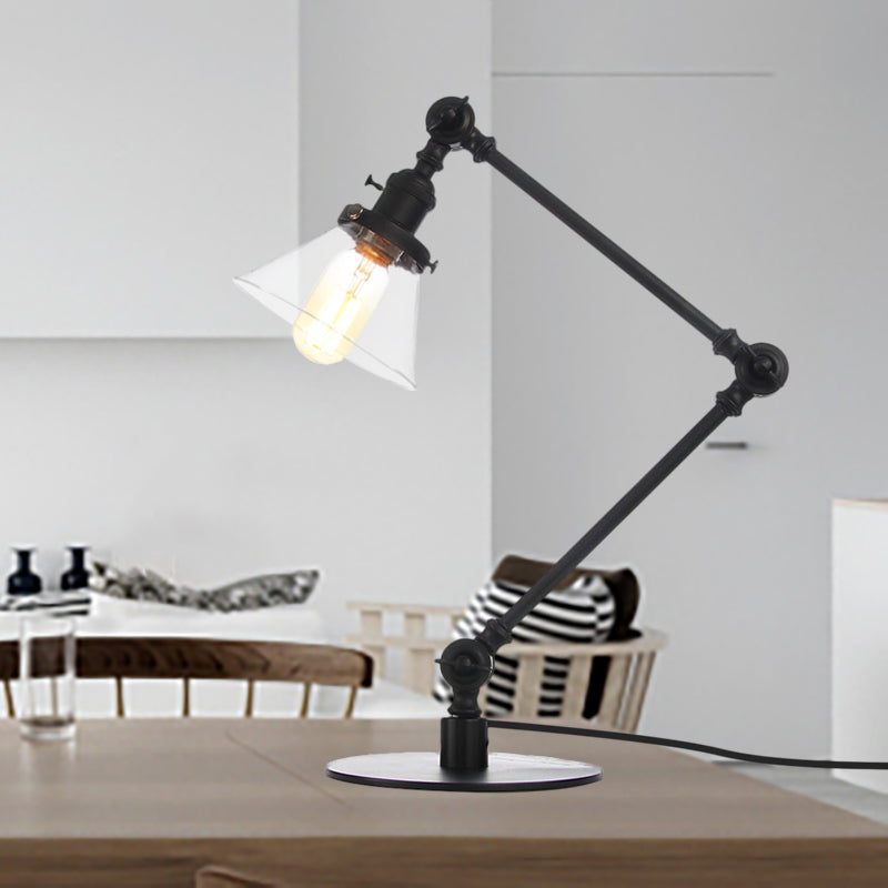 Industrieller Stil konische Tischlampe Amber/Klares Glas und Metall 1 Licht Schlafzimmer Tischlampe mit verstellbarem Arm in Schwarz/Messing