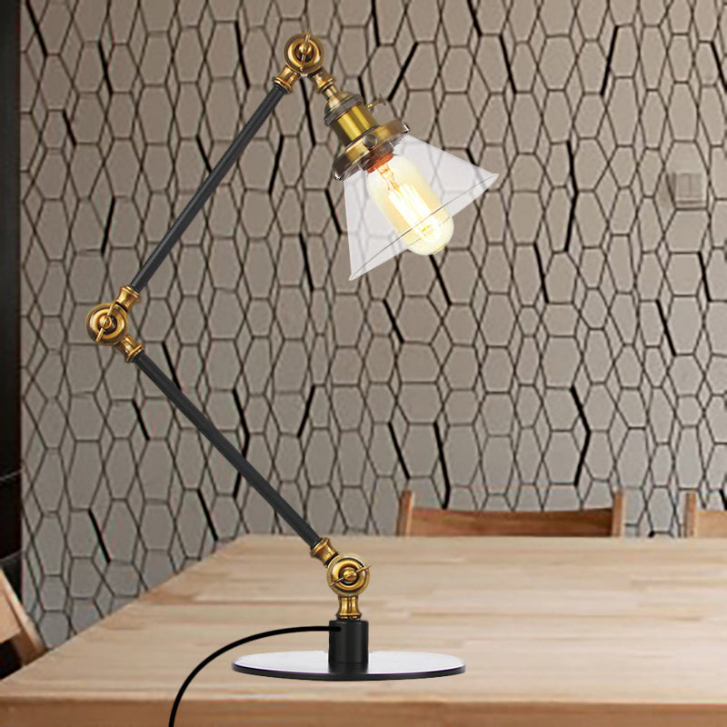 Industrieller Stil konische Tischlampe Amber/Klares Glas und Metall 1 Licht Schlafzimmer Tischlampe mit verstellbarem Arm in Schwarz/Messing