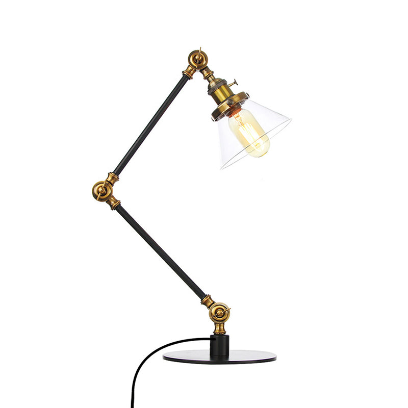 Industrieller Stil konische Tischlampe Amber/Klares Glas und Metall 1 Licht Schlafzimmer Tischlampe mit verstellbarem Arm in Schwarz/Messing