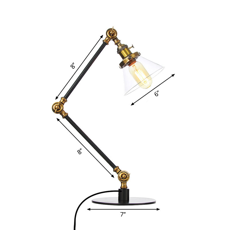 Industrieller Stil konische Tischlampe Amber/Klares Glas und Metall 1 Licht Schlafzimmer Tischlampe mit verstellbarem Arm in Schwarz/Messing