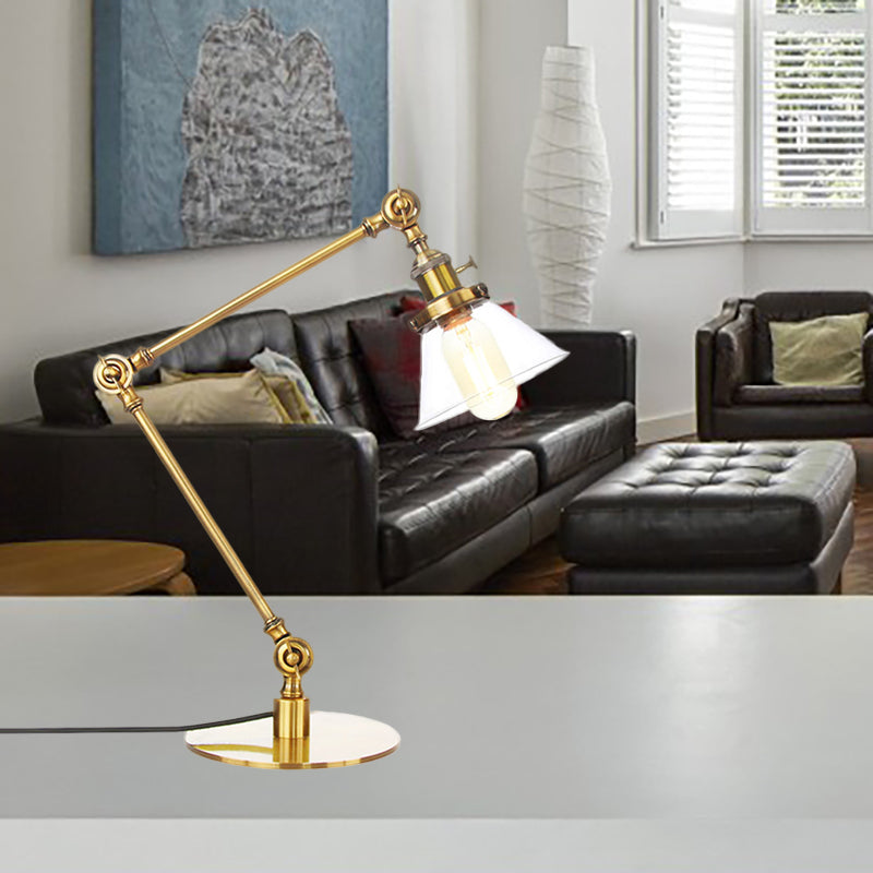 Industrieller Stil konische Tischlampe Amber/Klares Glas und Metall 1 Licht Schlafzimmer Tischlampe mit verstellbarem Arm in Schwarz/Messing